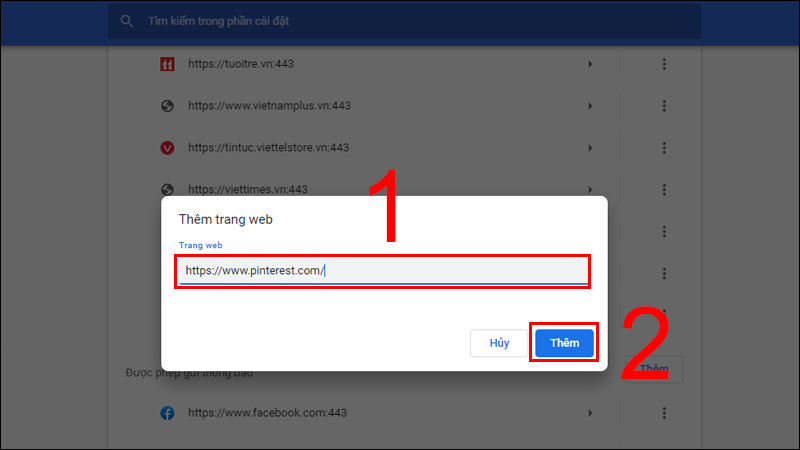Hoàn tất quá trình cho phép trang web gửi thông báo